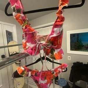 TOP ONLY Show Me Your MuMu Pink and Orange Floral Ruffle Bikini